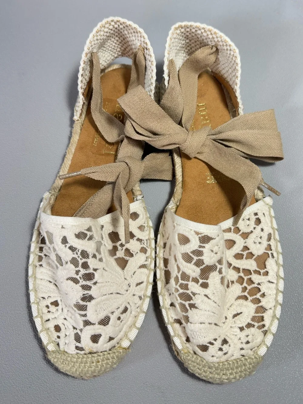 MAYPOL Anthropologie Cream Crochet Lace Ankle Tie Espadrille Flats